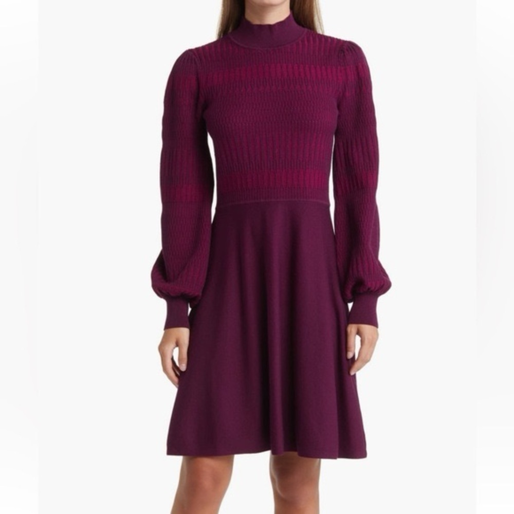 Eliza J Wine Jacquard Long-Sleeve Fit-and-Flare Knit Dress Medium